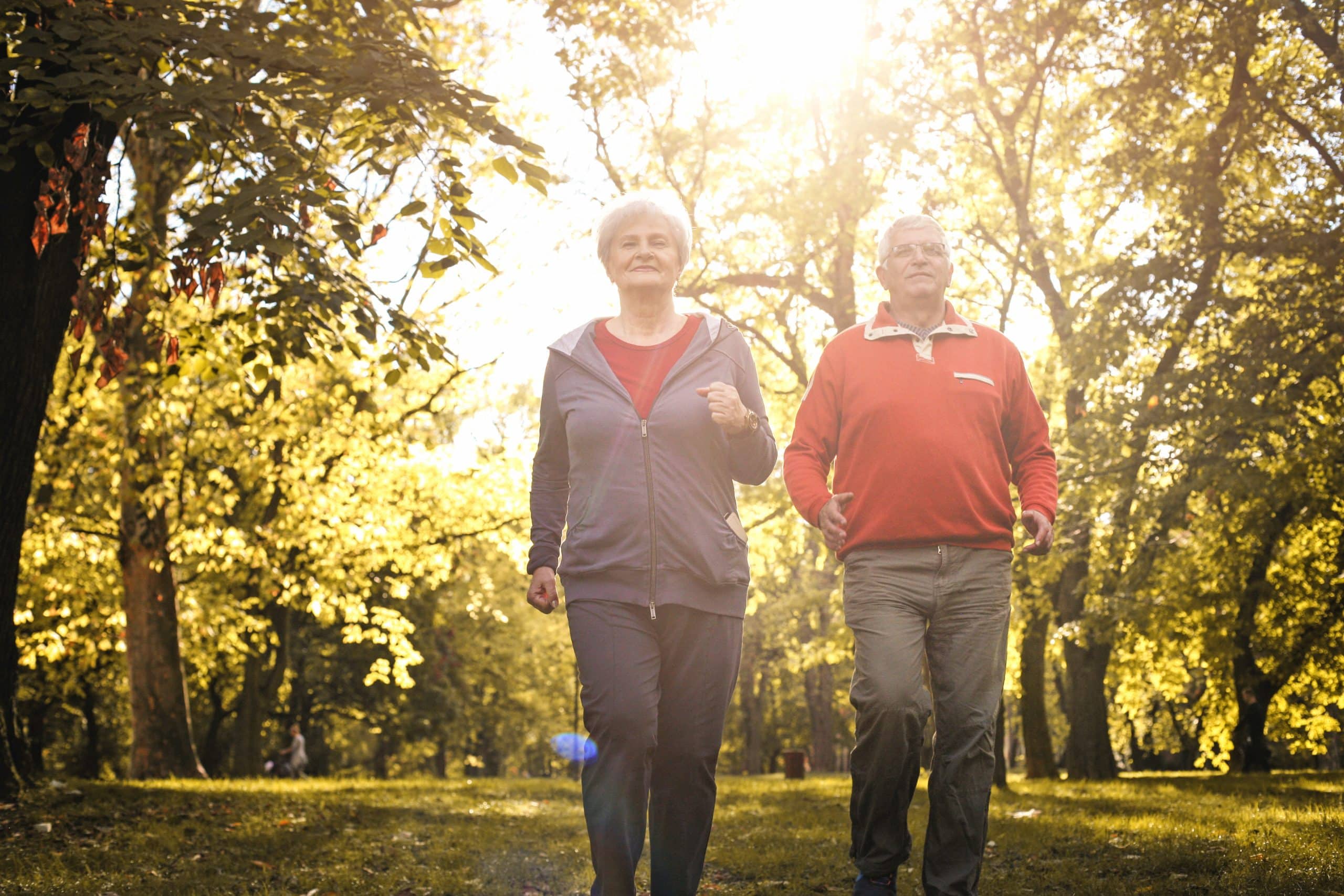 Seniors couple in sports clothing jogging together in park.